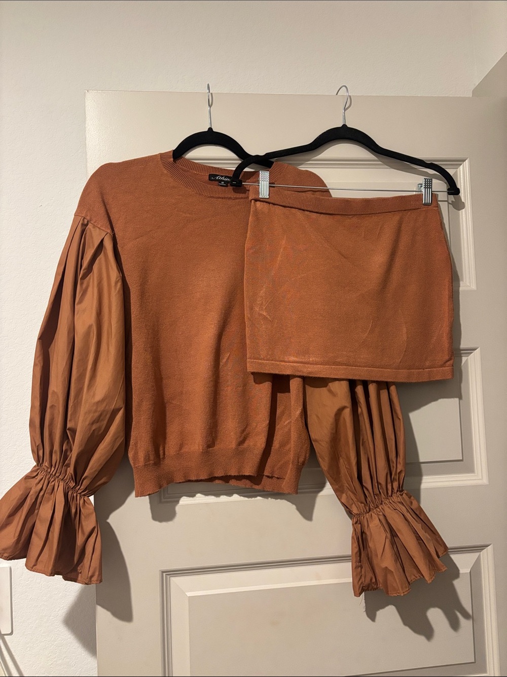 Two-Piece Mini Skirt Set with Statement Sleeves - Rust